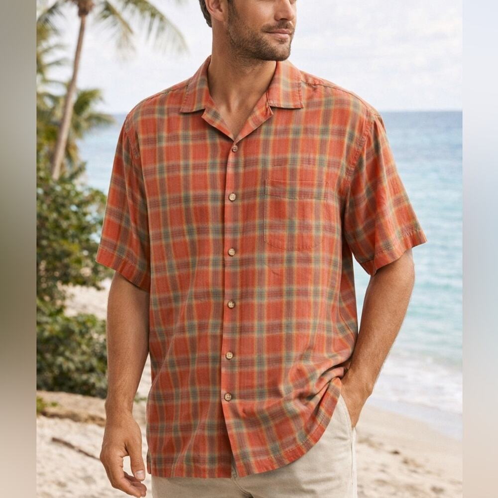Tommy Bahama 100% Silk Plaid Camp Shirt Orange Tan Button Front Size Large